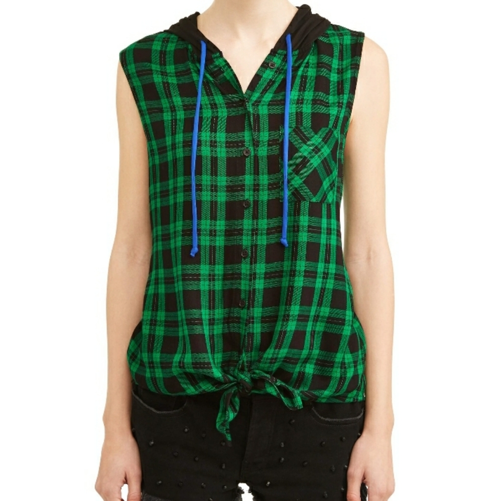 New Plaid Tie Front Hoodie  Junior Sz XXL